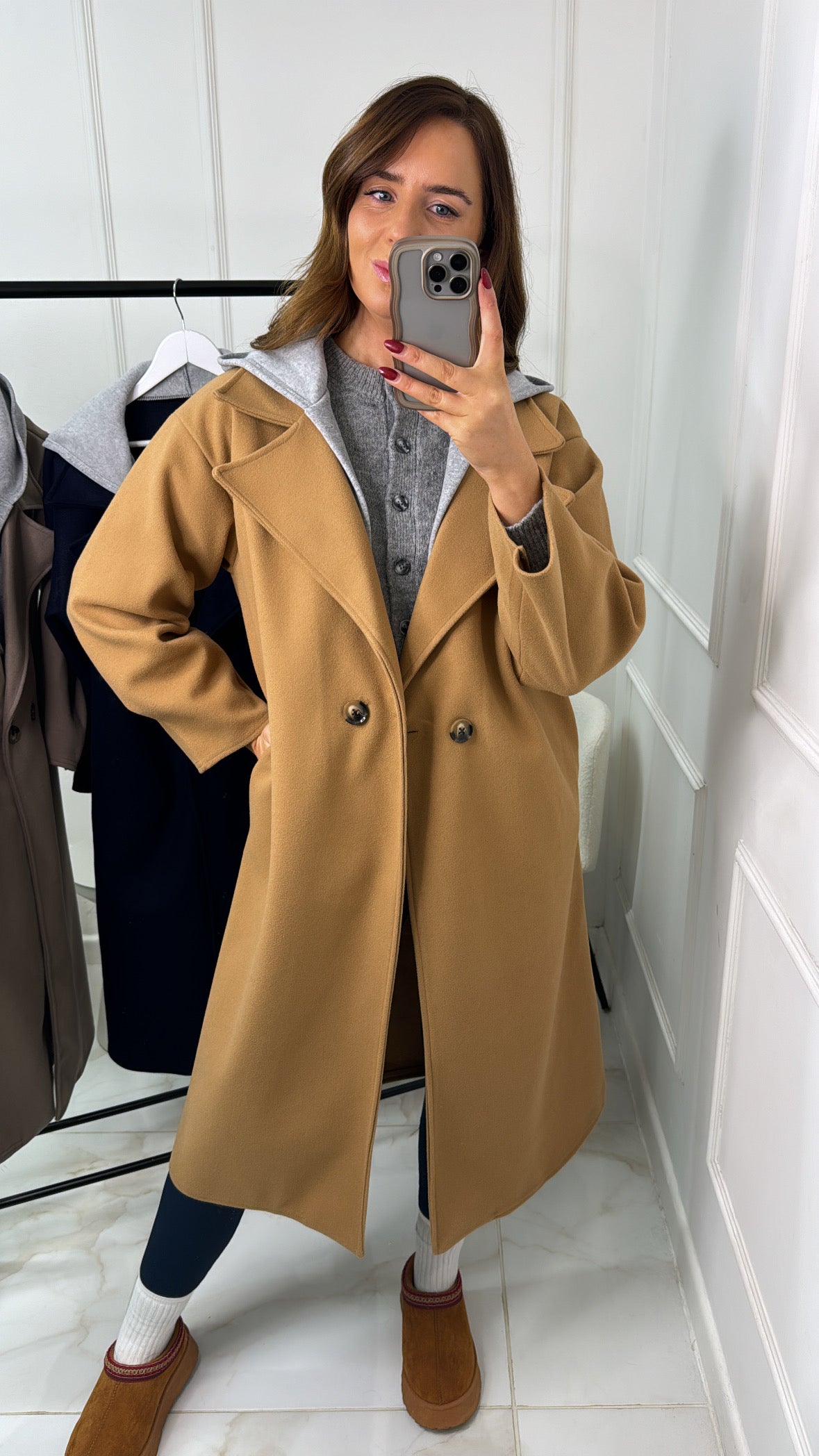 DARCEY camel hooded trench coat