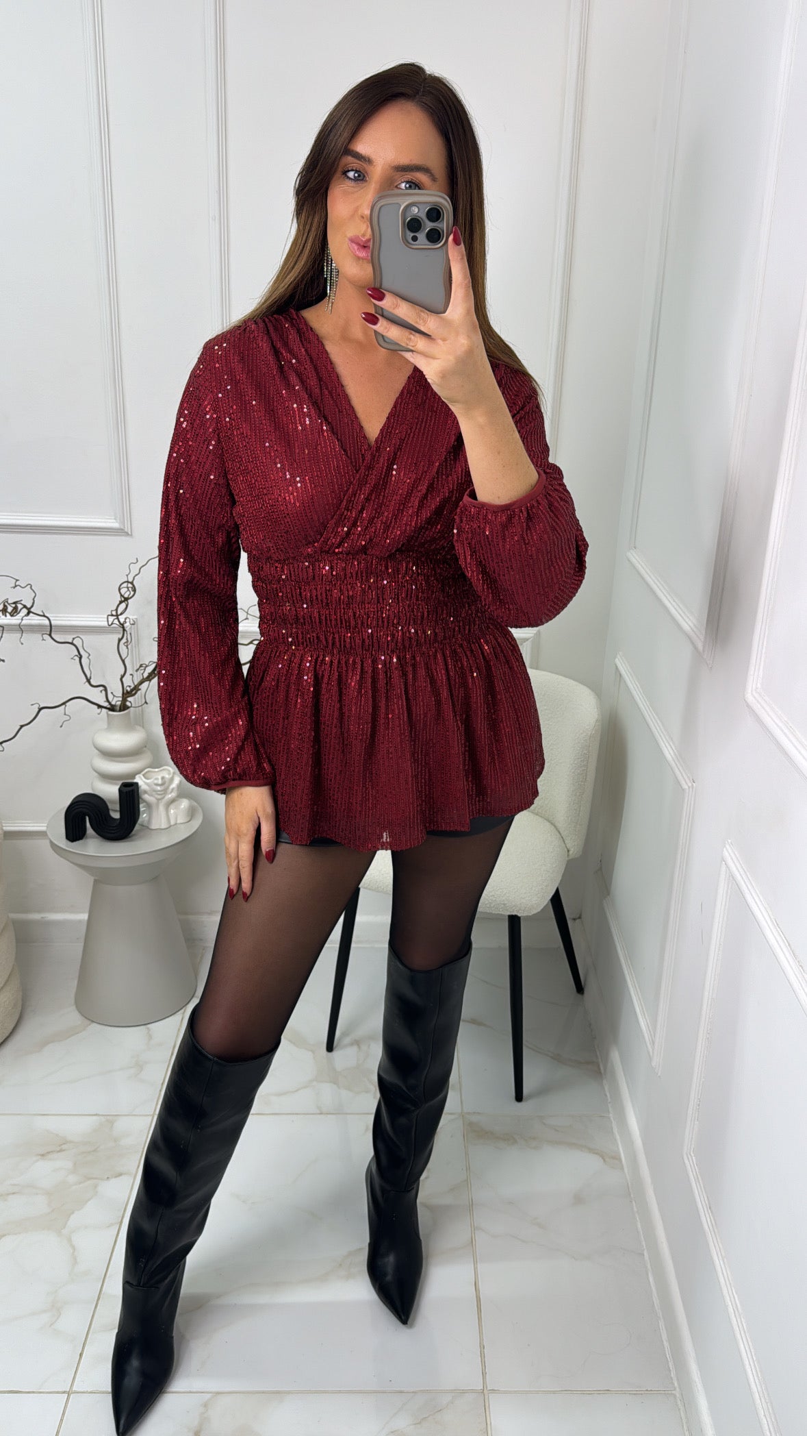 LAYLA burgundy sequin shirred waist blouse