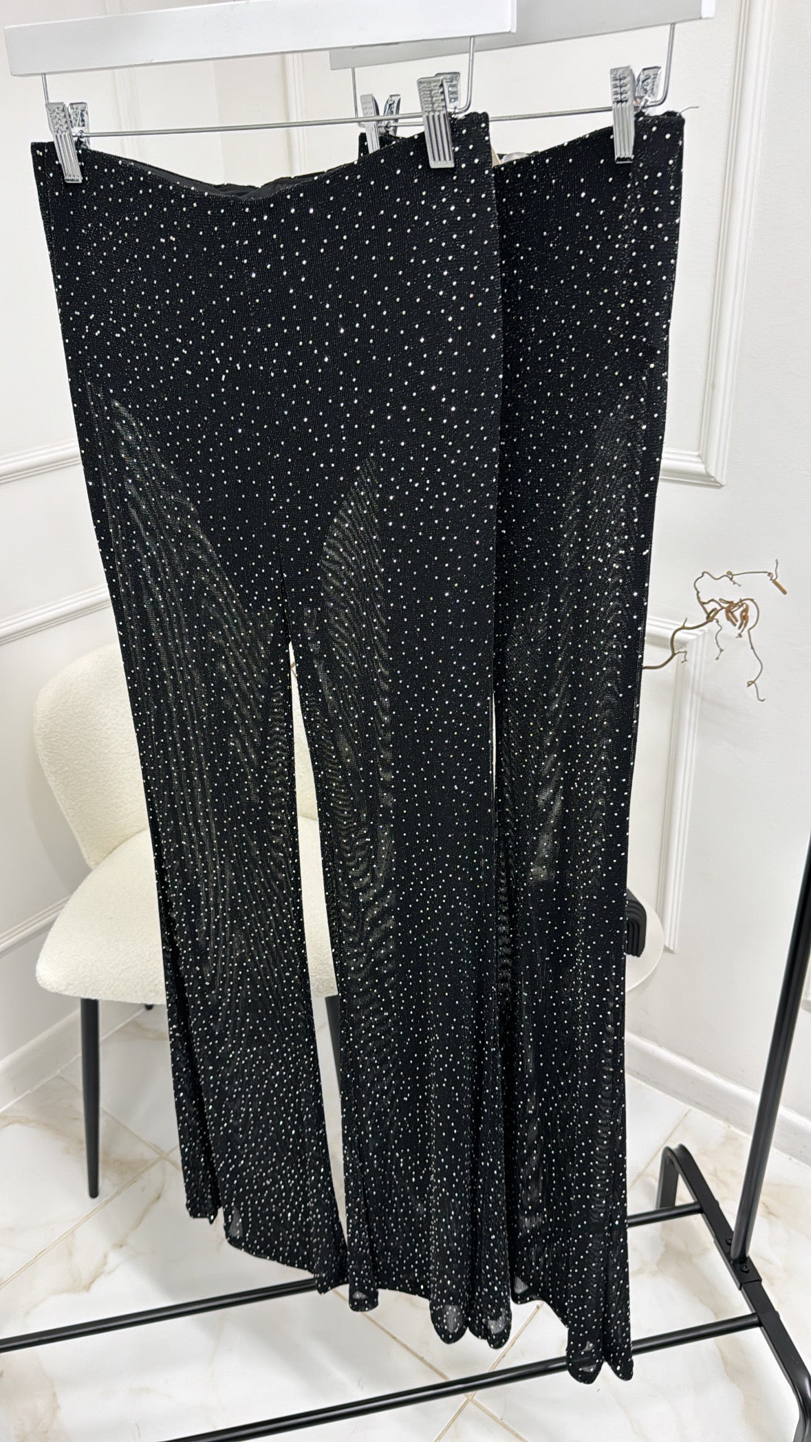 ELIZA black embellished sheer flared trousers