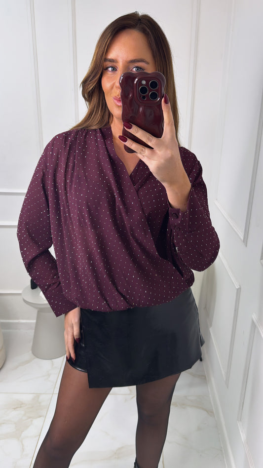 OLIVIA burgundy embellished wrap blouse