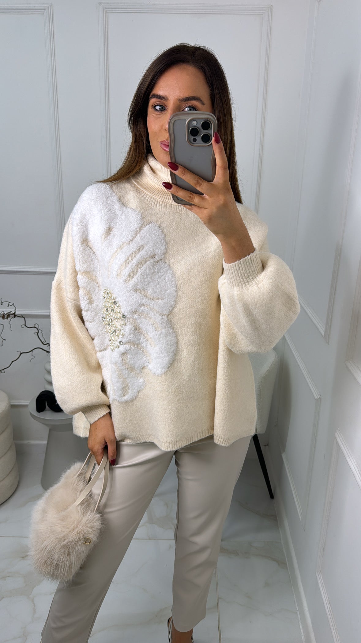 MARGOT cream embellished flower roll neck jumper