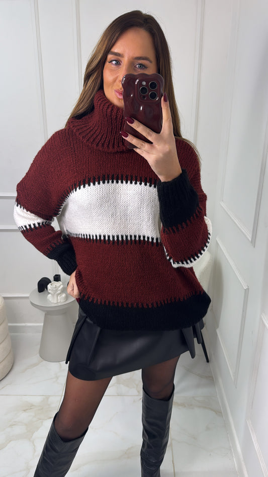 RAINE burgundy stripe chunky knit jumper