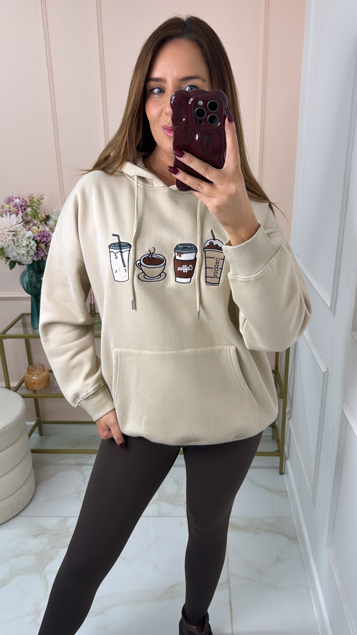 RUBY beige coffee embroidered hoodie