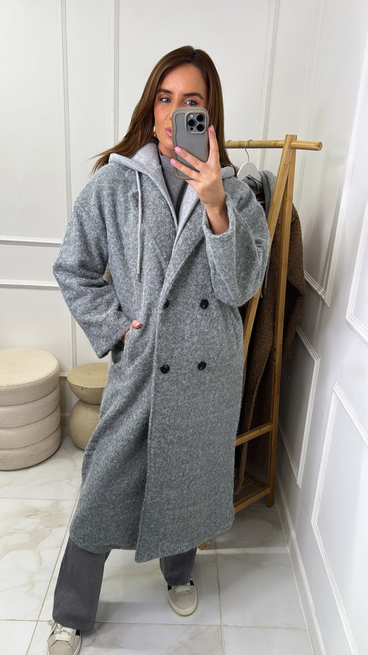 LAILAH grey borg teddy hooded long lined style trench