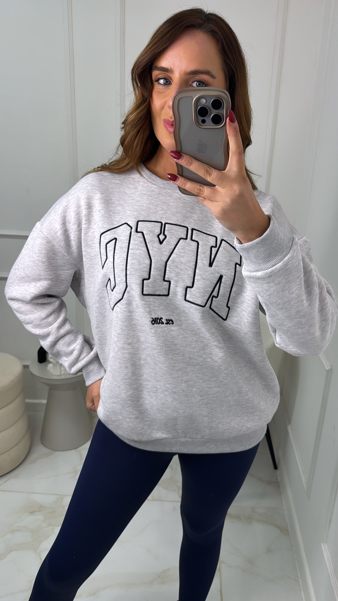 NYC grey & navy embroidered oversized sweater