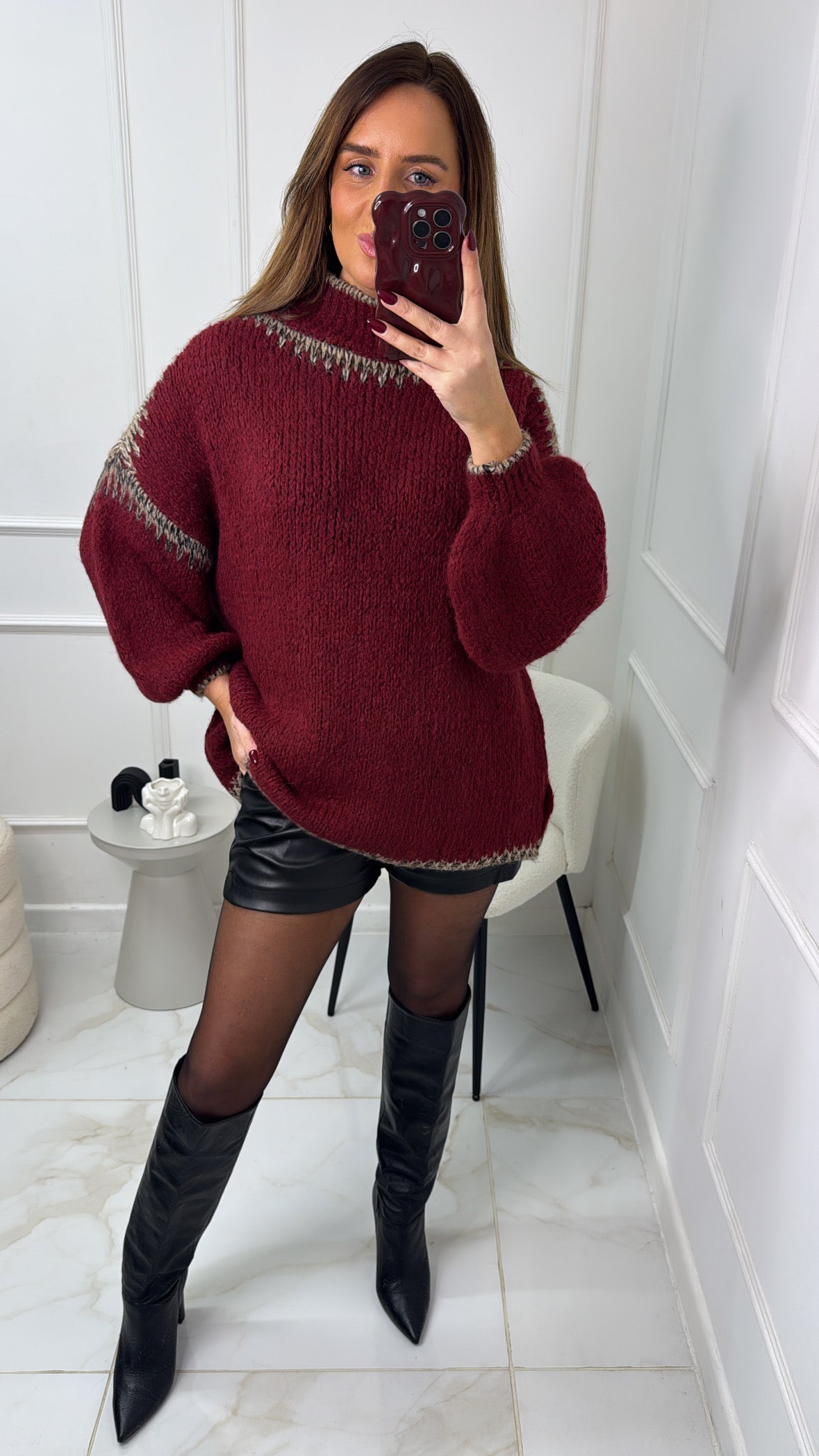 SHARNA burgundy contrast stitch knit jumper