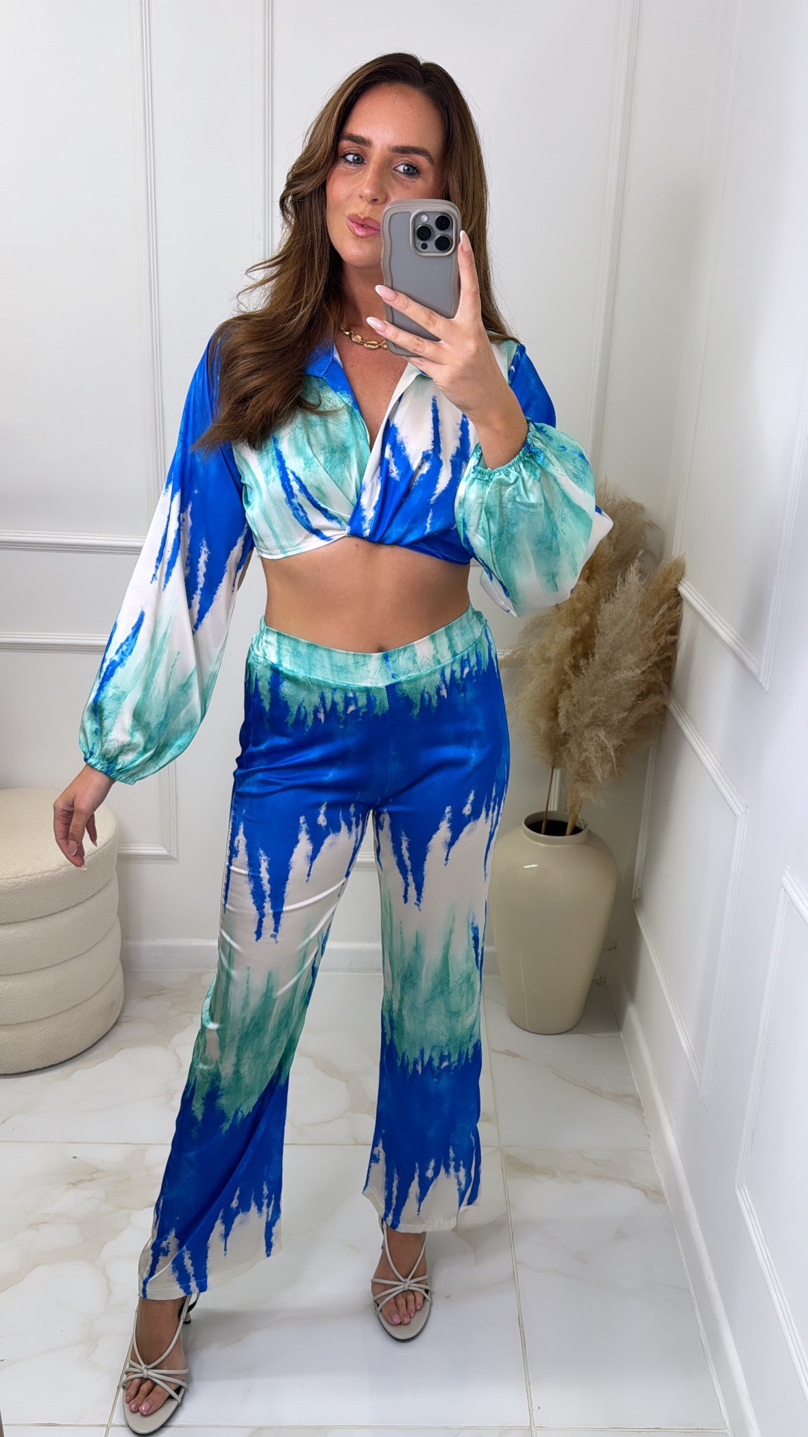 TESSA blue satin printed trouser set