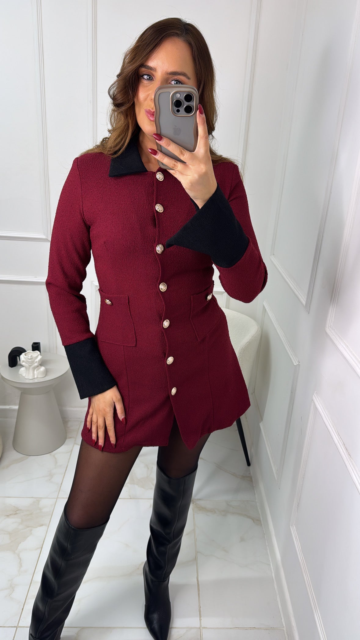 LOLA burgundy collar button blazer dress