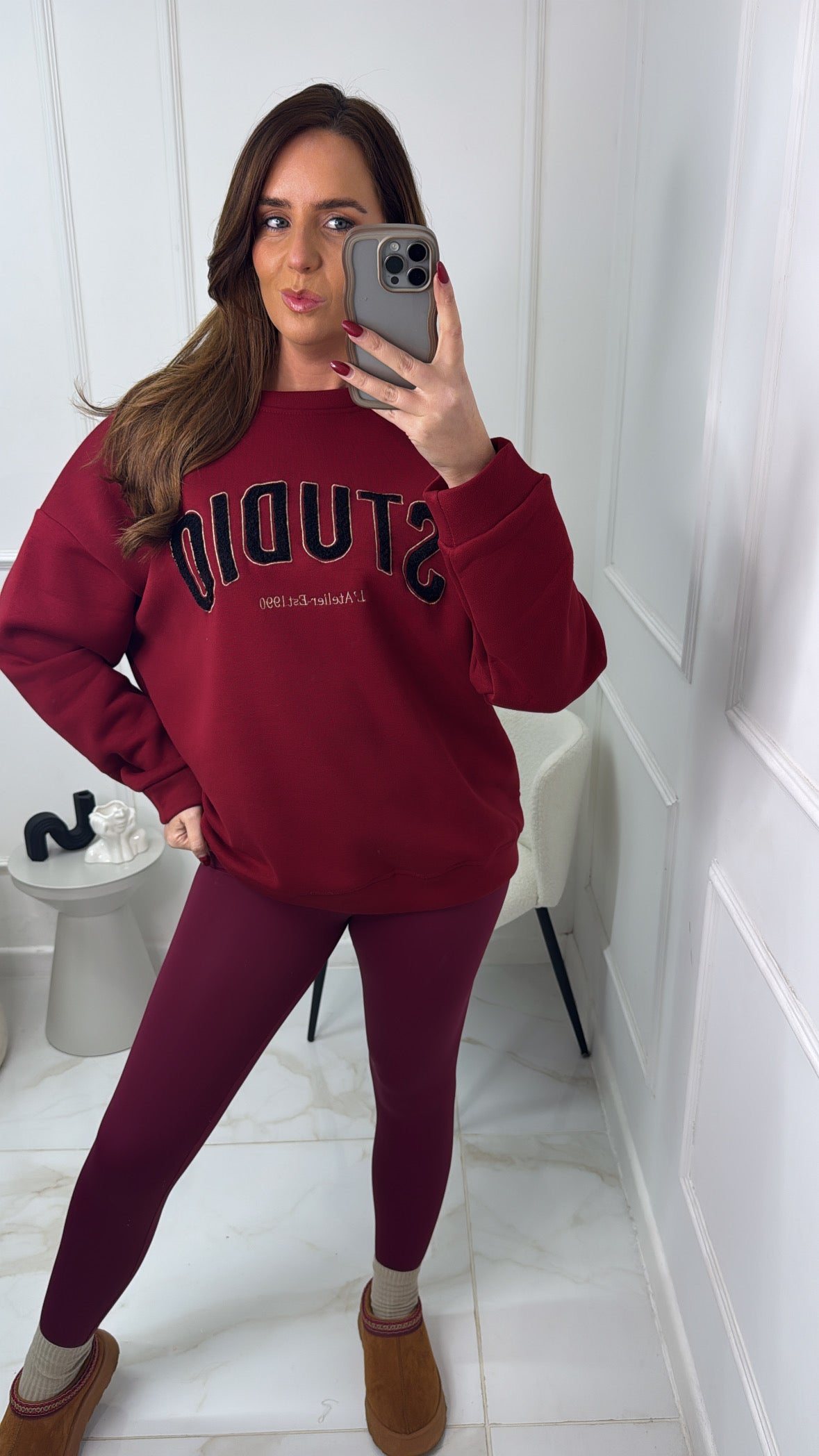 RUBY burgundy studio teddy slogan sweater