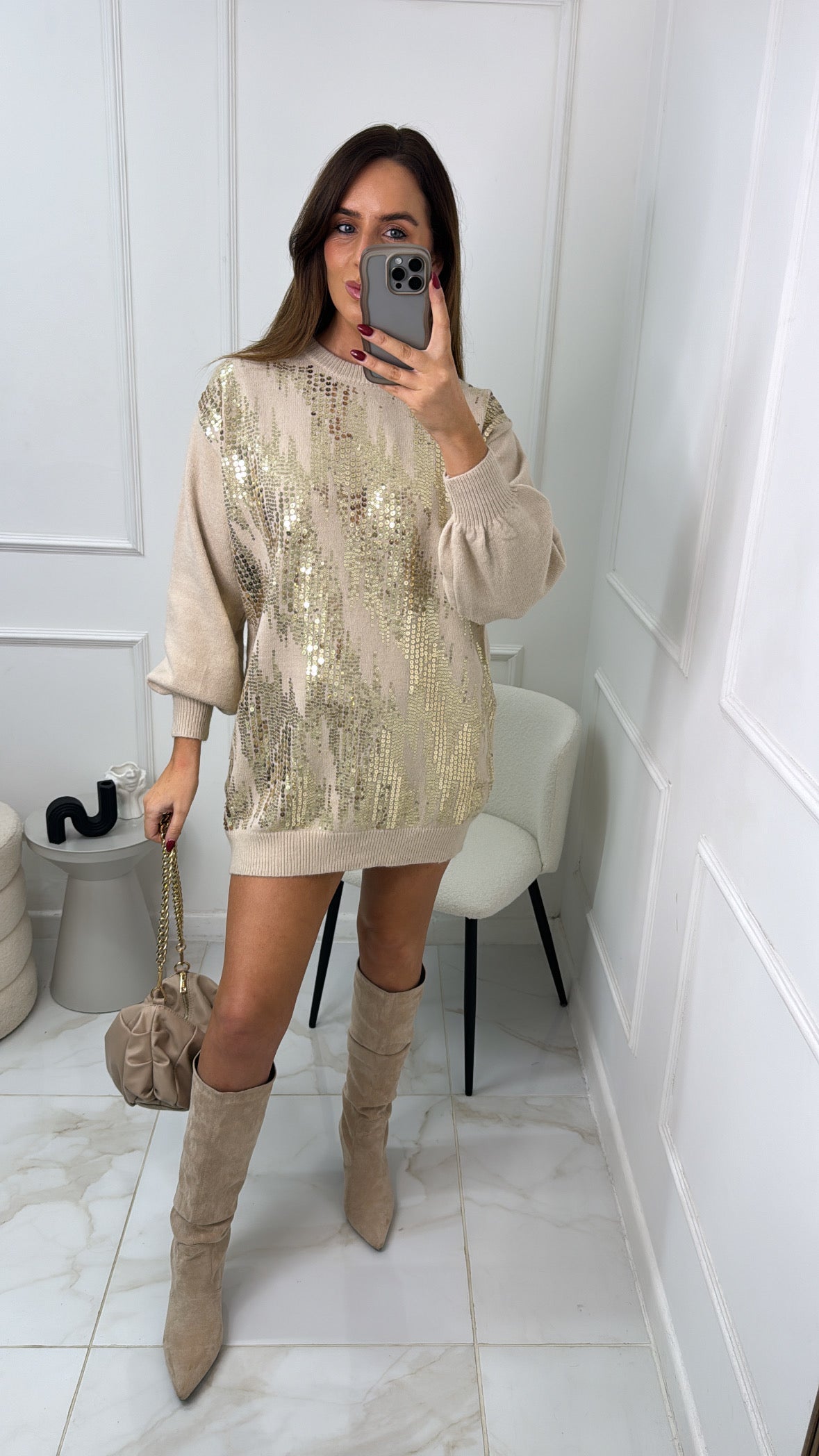 RAINE beige gold sequin jumper dress