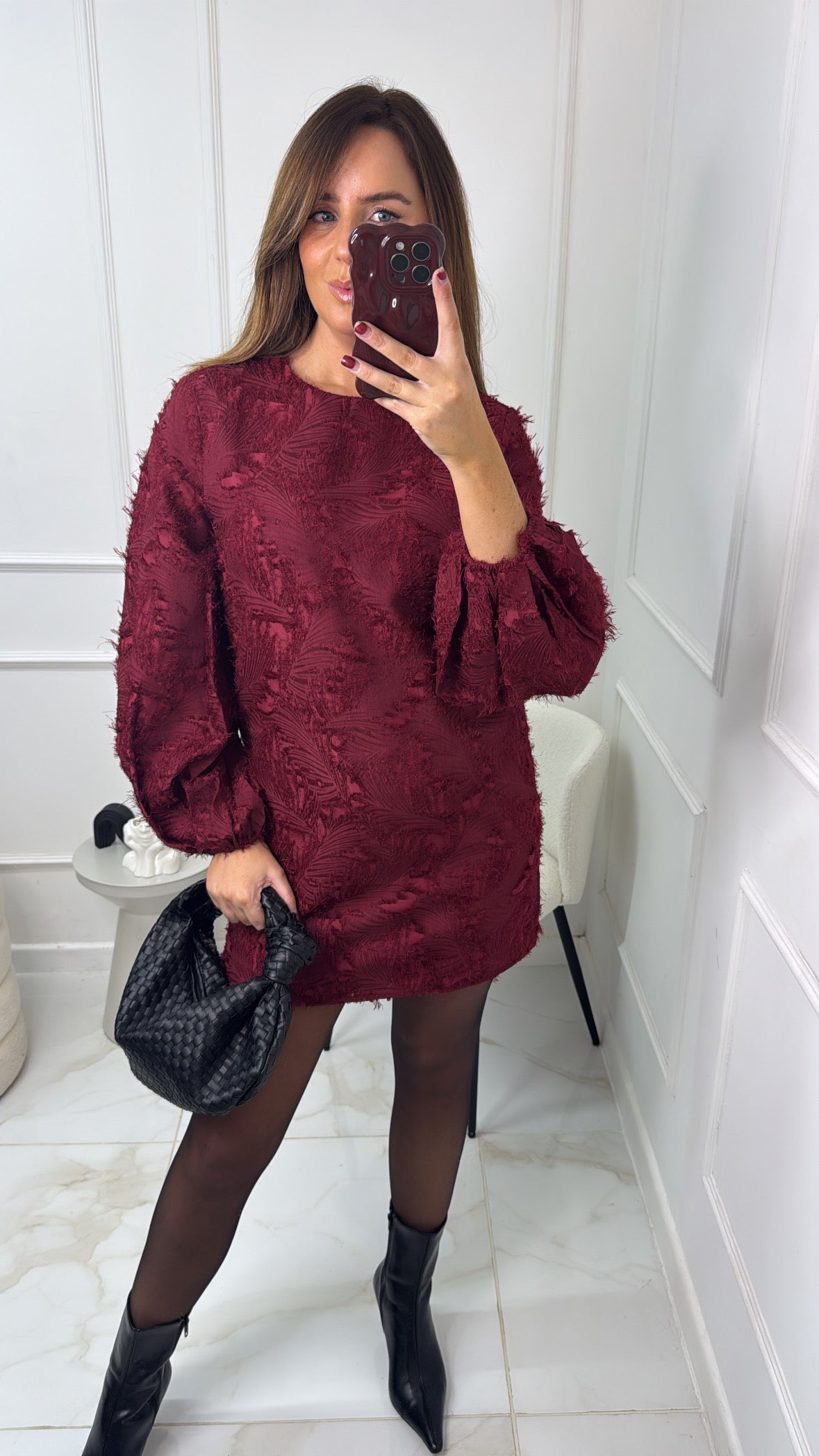 REBECCA burgundy textured puff sleeve dress