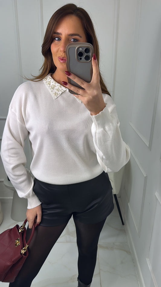 JASMINE cream pearl collar fine knit jumper