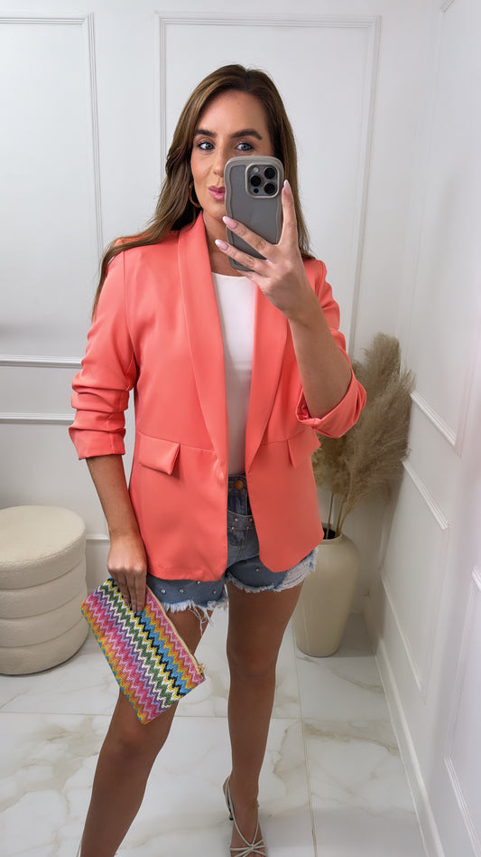 LACEY coral ruched sleeve blazer