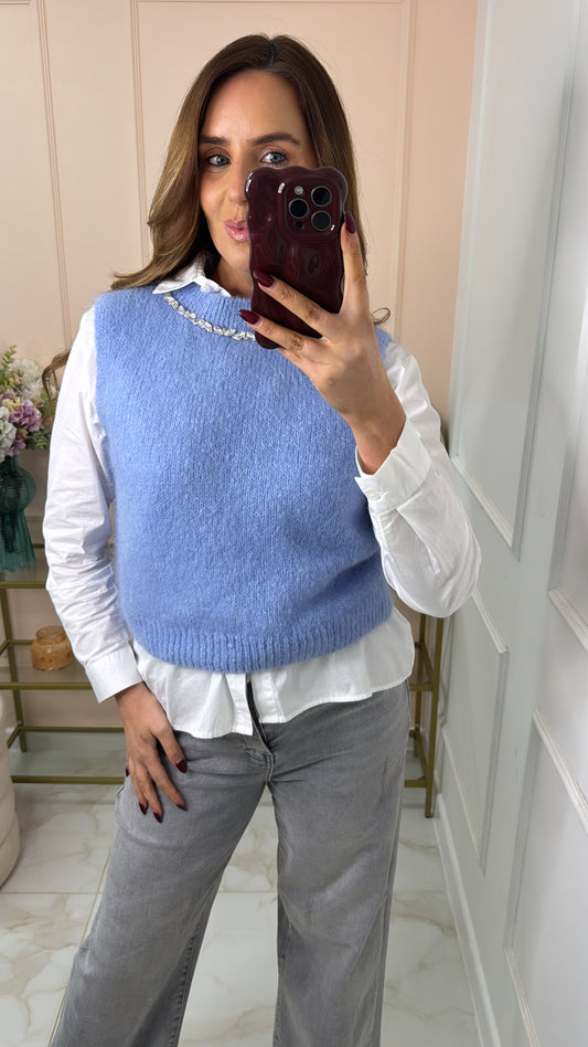 TALIA powder blue diamante sleeveless jumper