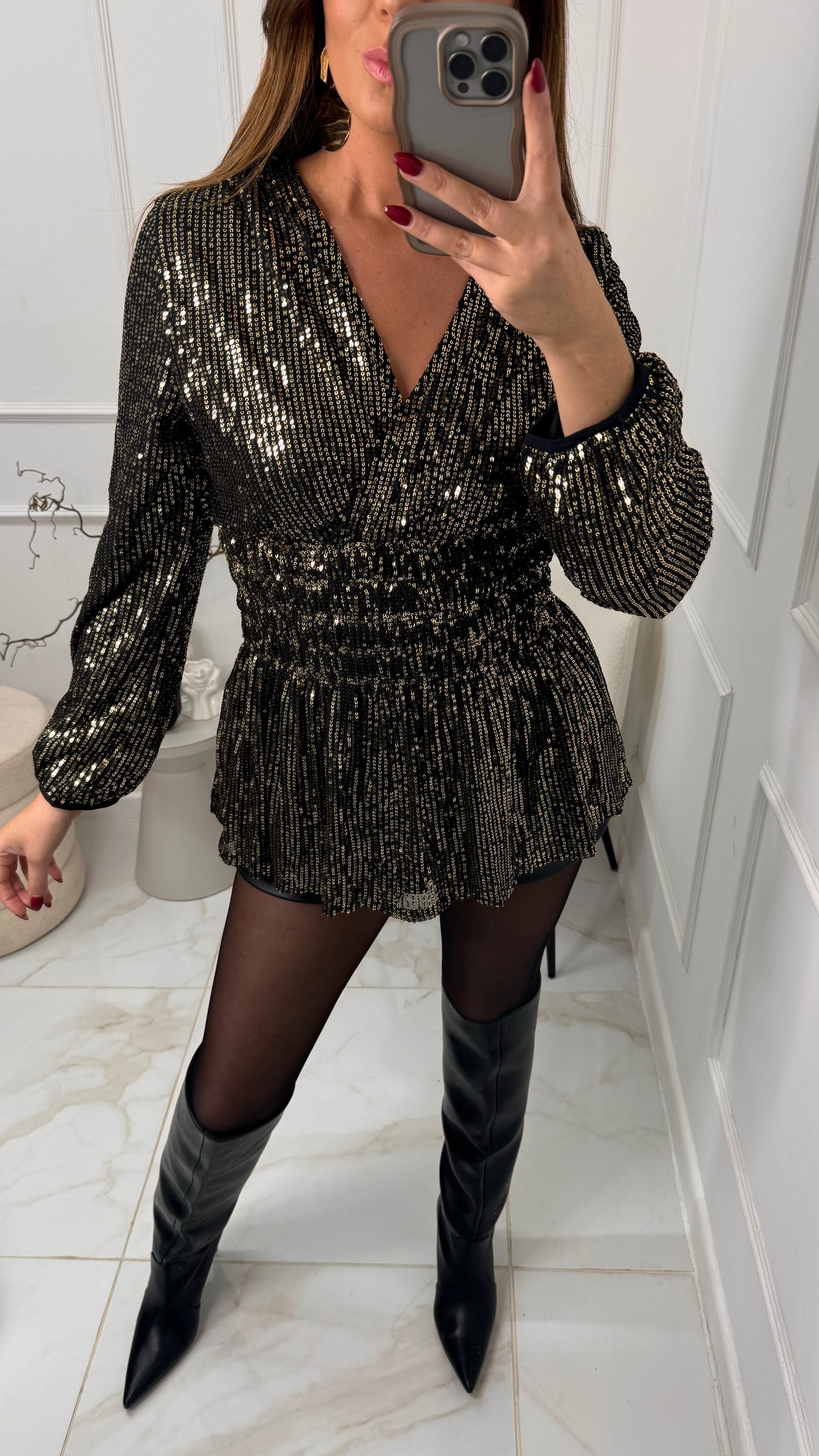 LAYLA gold sequin shirred waist blouse