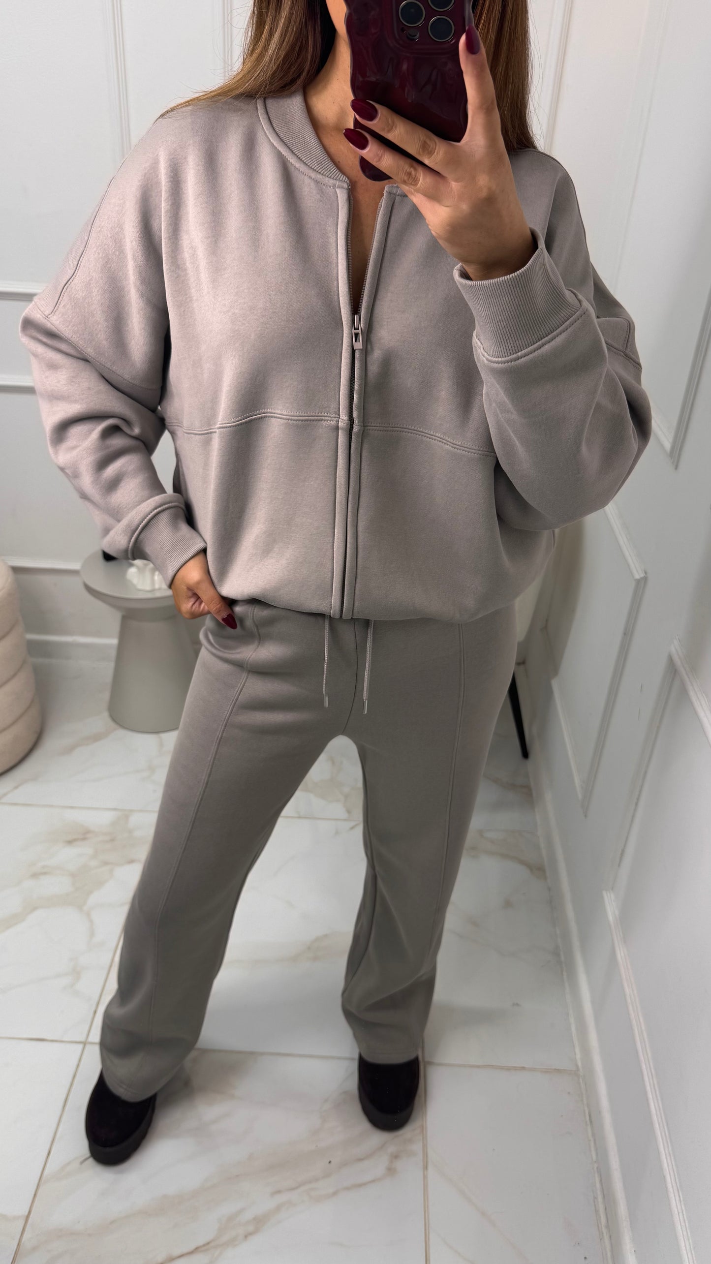 NINA dove grey bomber zip front lounge set