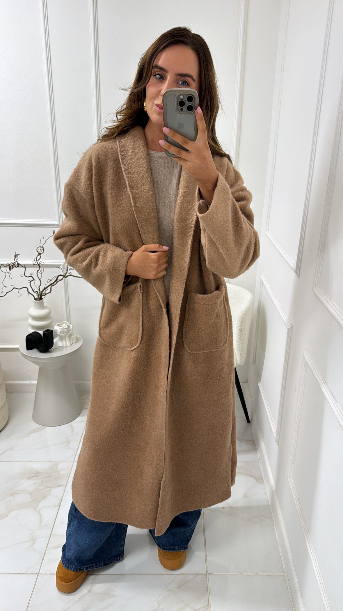 NAOMI camel wool effect longline duster jacket