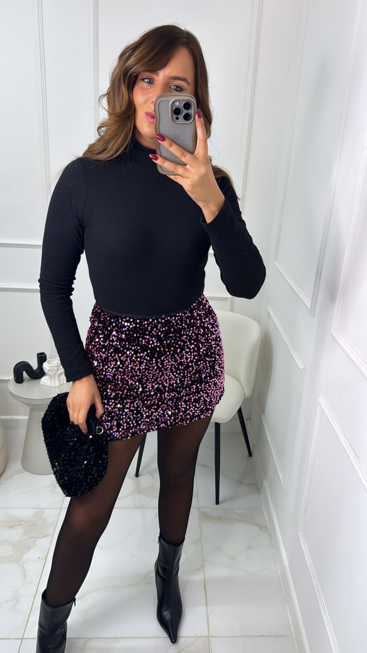 AVA pink velvet sequin mini skirt