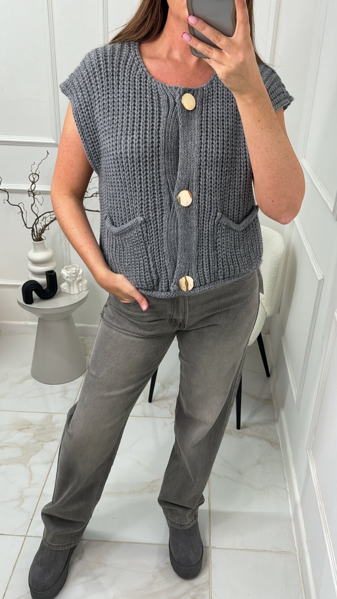 EMILY grey button detail knit waistcoat