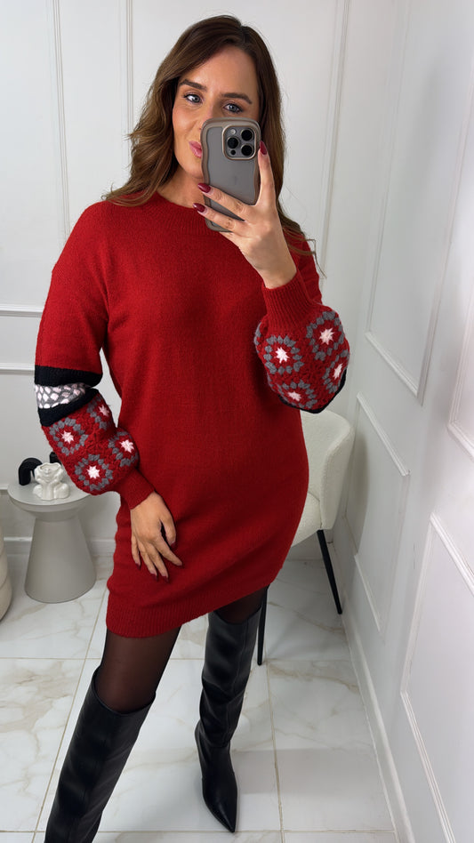 ELLA red crochet sleeve jumper dress