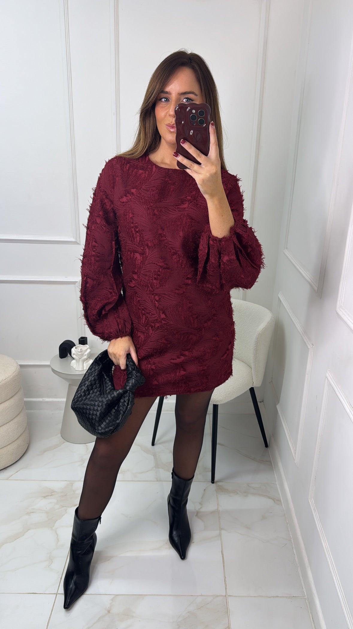 REBECCA burgundy textured puff sleeve dress