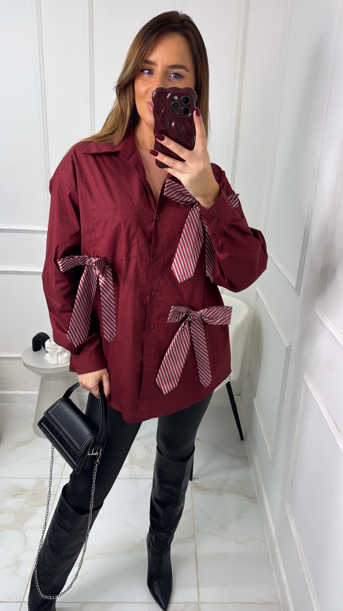 CLARITY burgundy bow detail oversized shirt