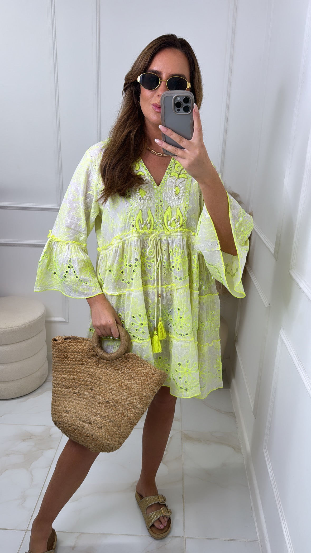 FAITH lime embroidered tassel smock dress