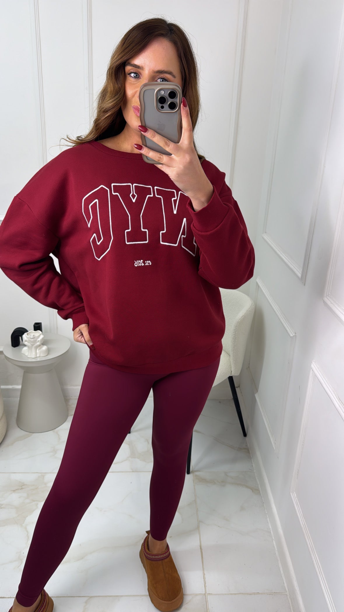 NYC burgundy & white embroidered oversized sweater