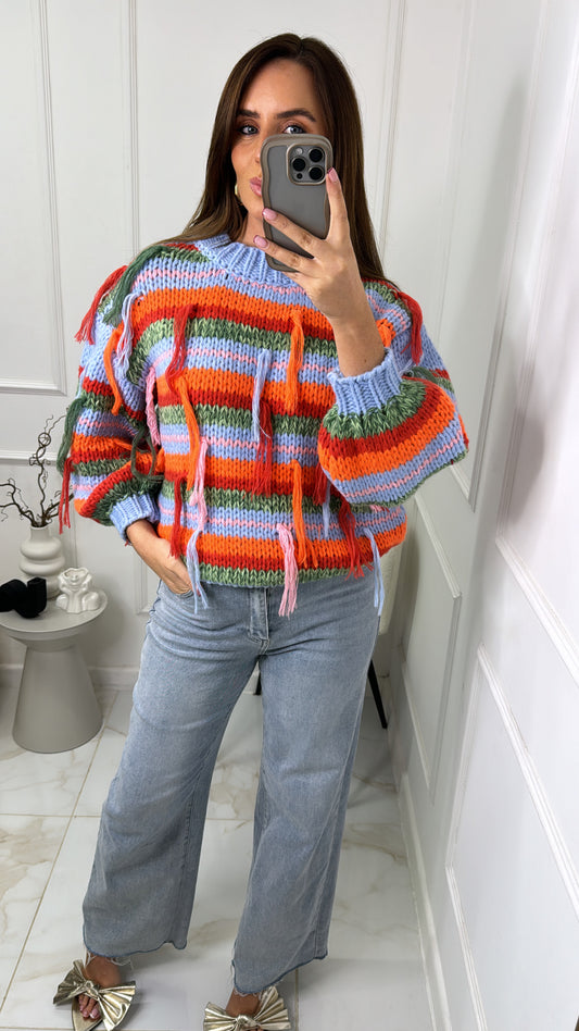 AVA blue stripe tassel knit jumper