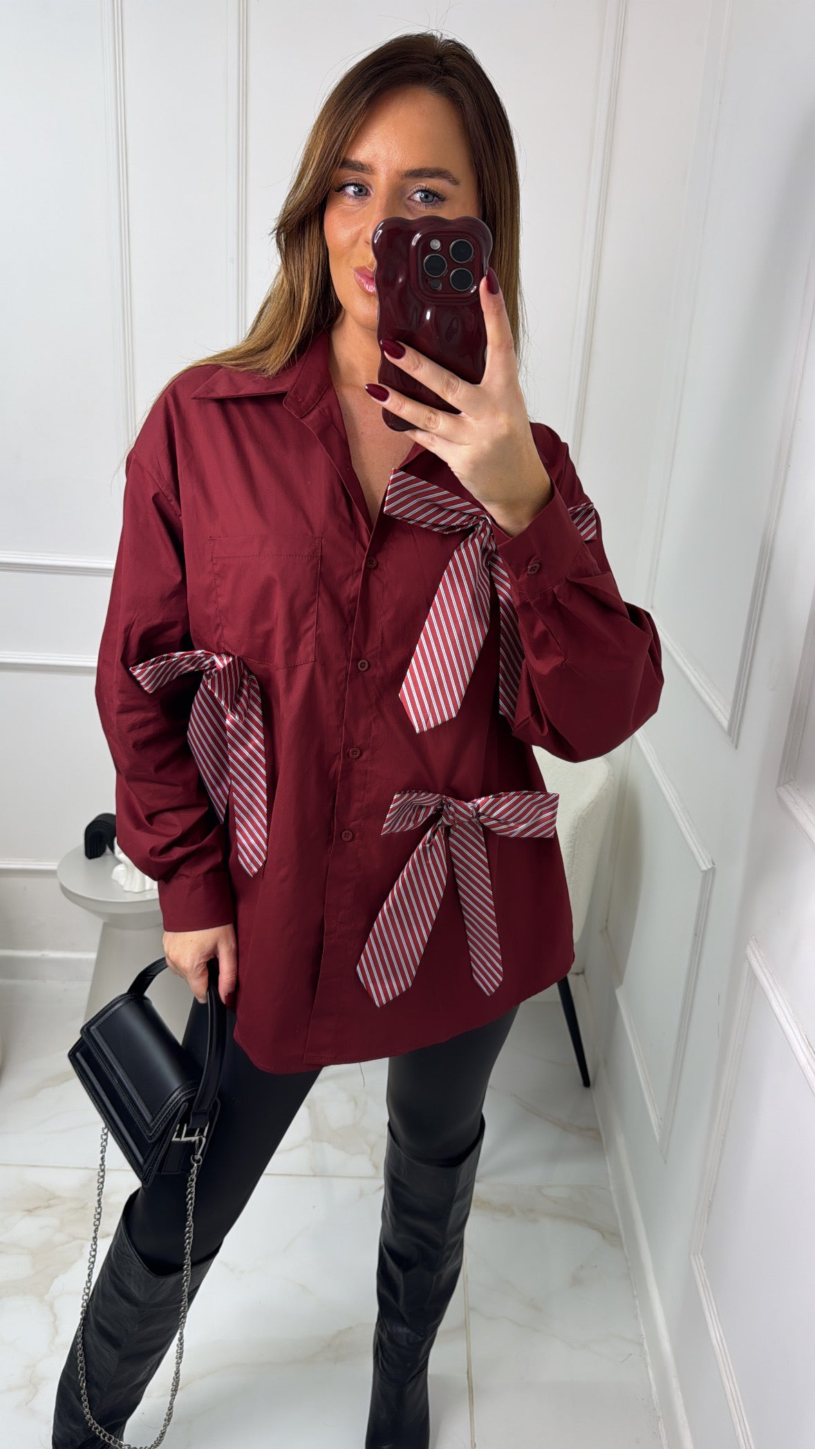 CLARITY burgundy bow detail oversized shirt