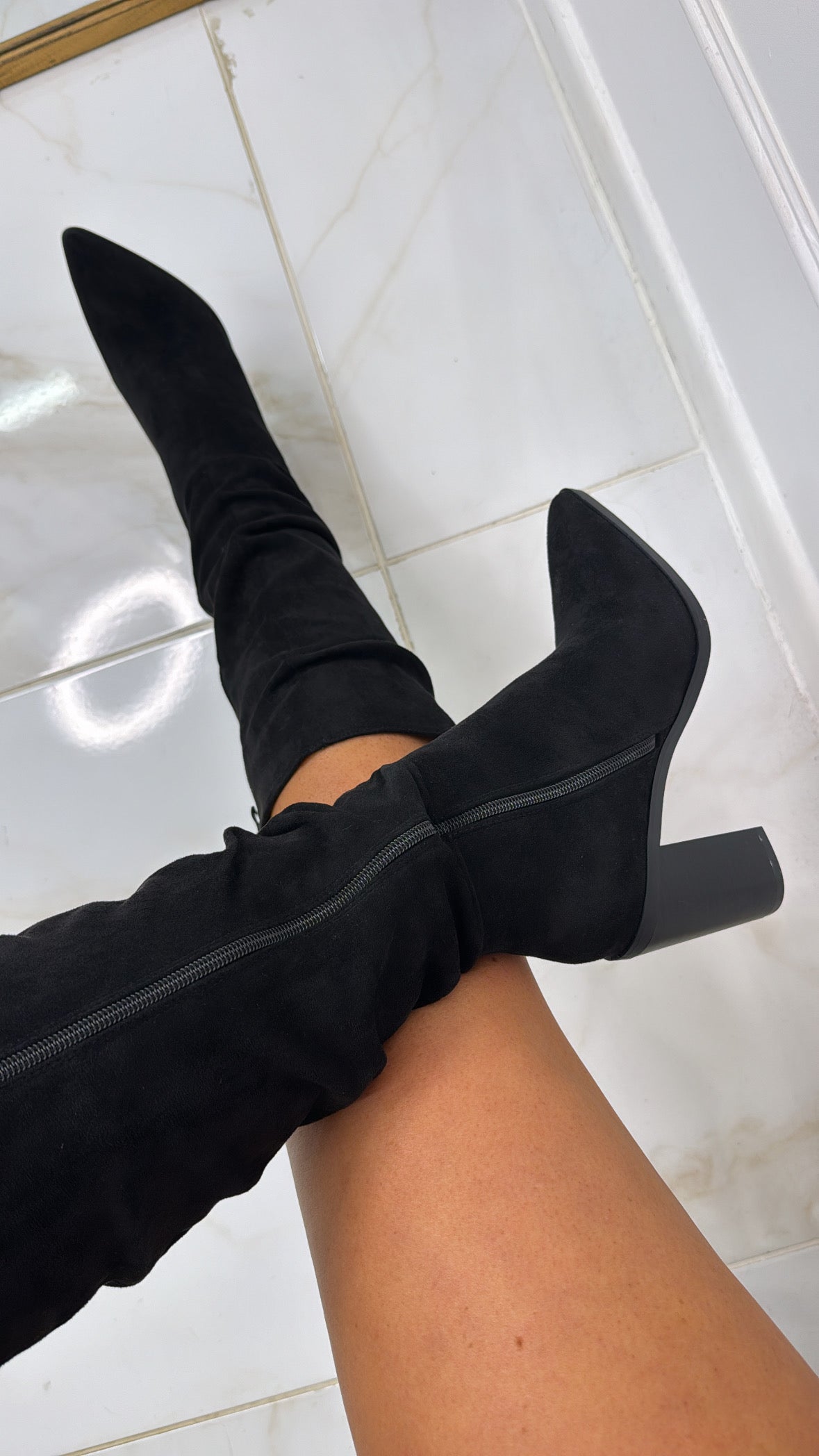 MACEY black suedette slouchy heeled boots