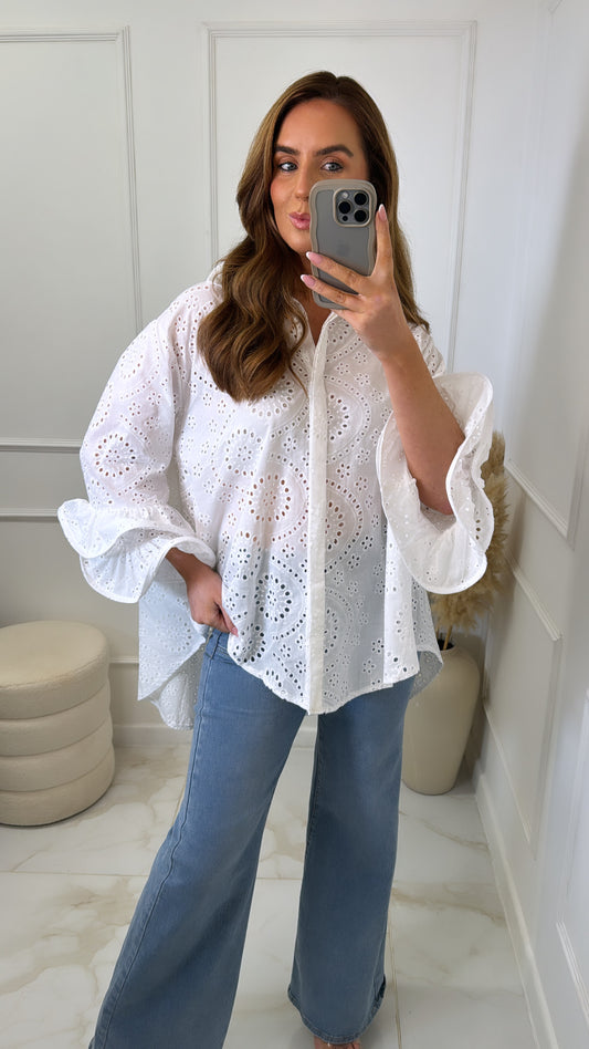 SARA white broderie exaggerated cuff blouse