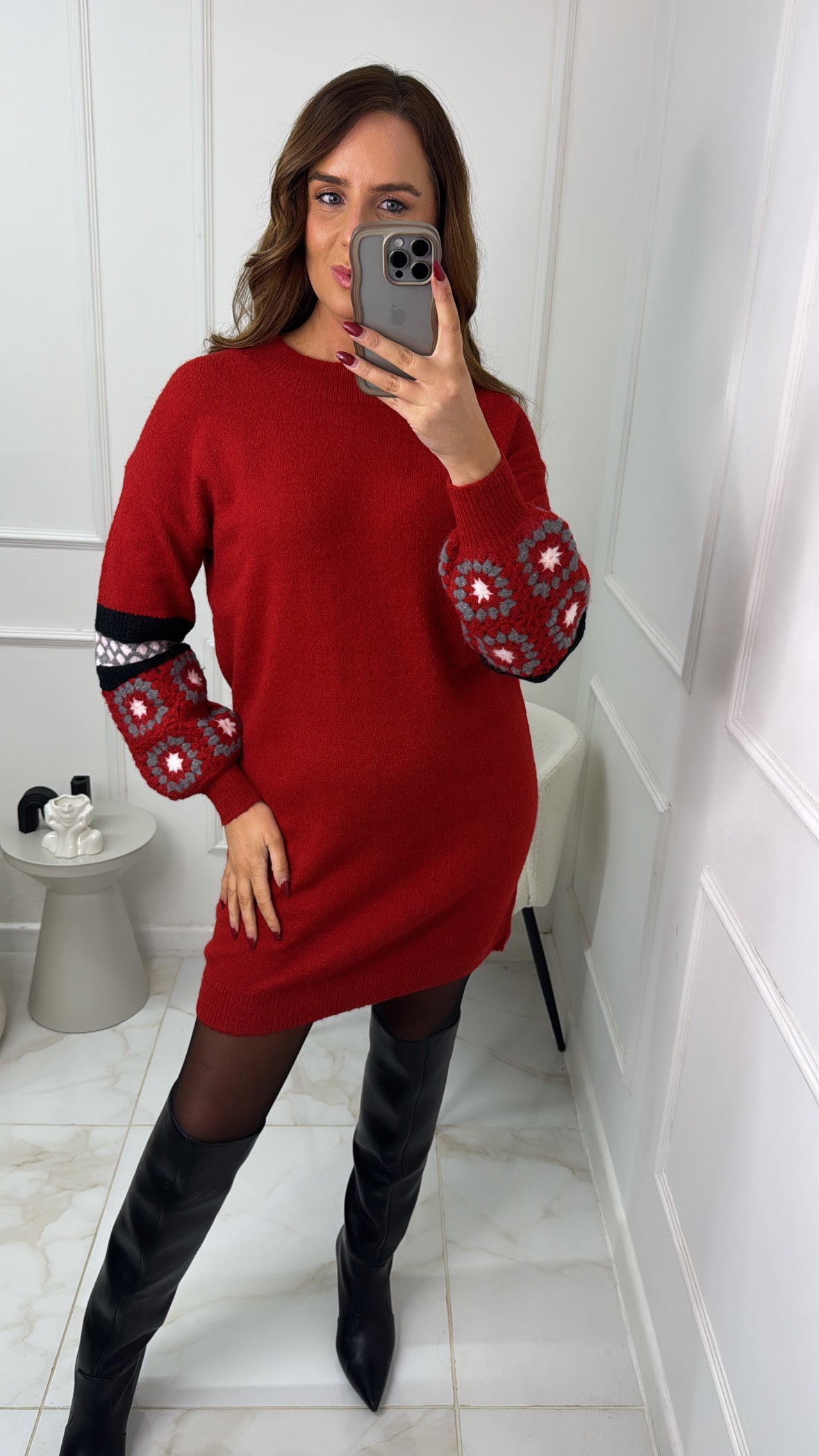 ELLA red crochet sleeve jumper dress