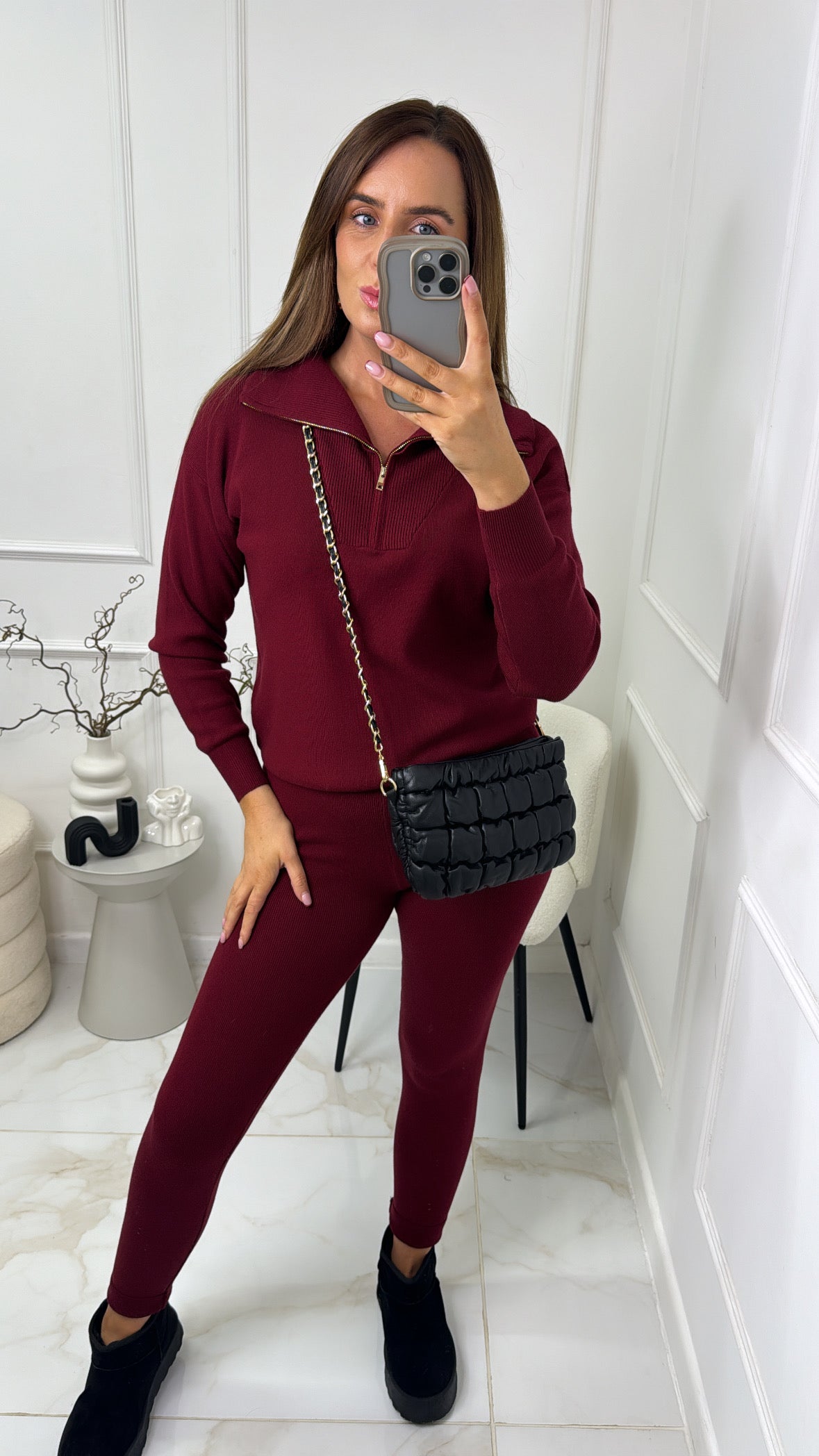 HARPER burgundy soft knit half zip lounge set