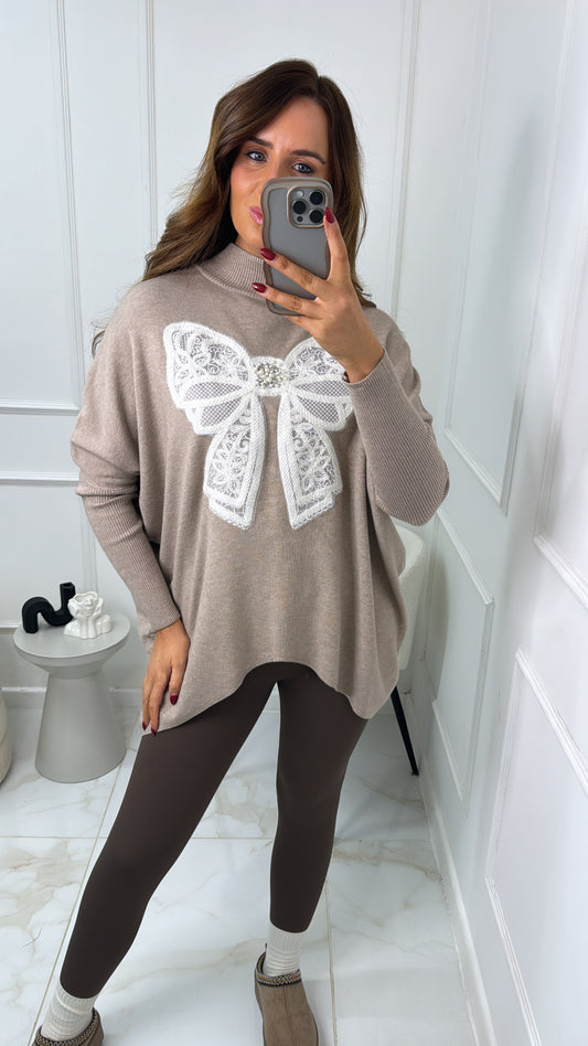 ESME taupe bow embroidered fine knit jumper