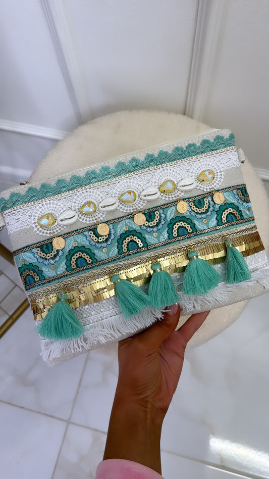 WILLOW mint tassel embroidered clutch bag