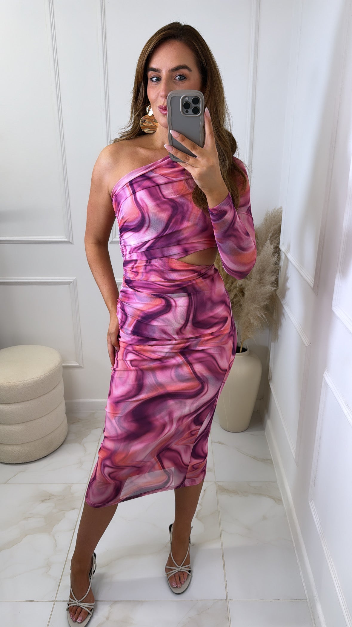 MARCELLA pink swirl one shoulder midi dress