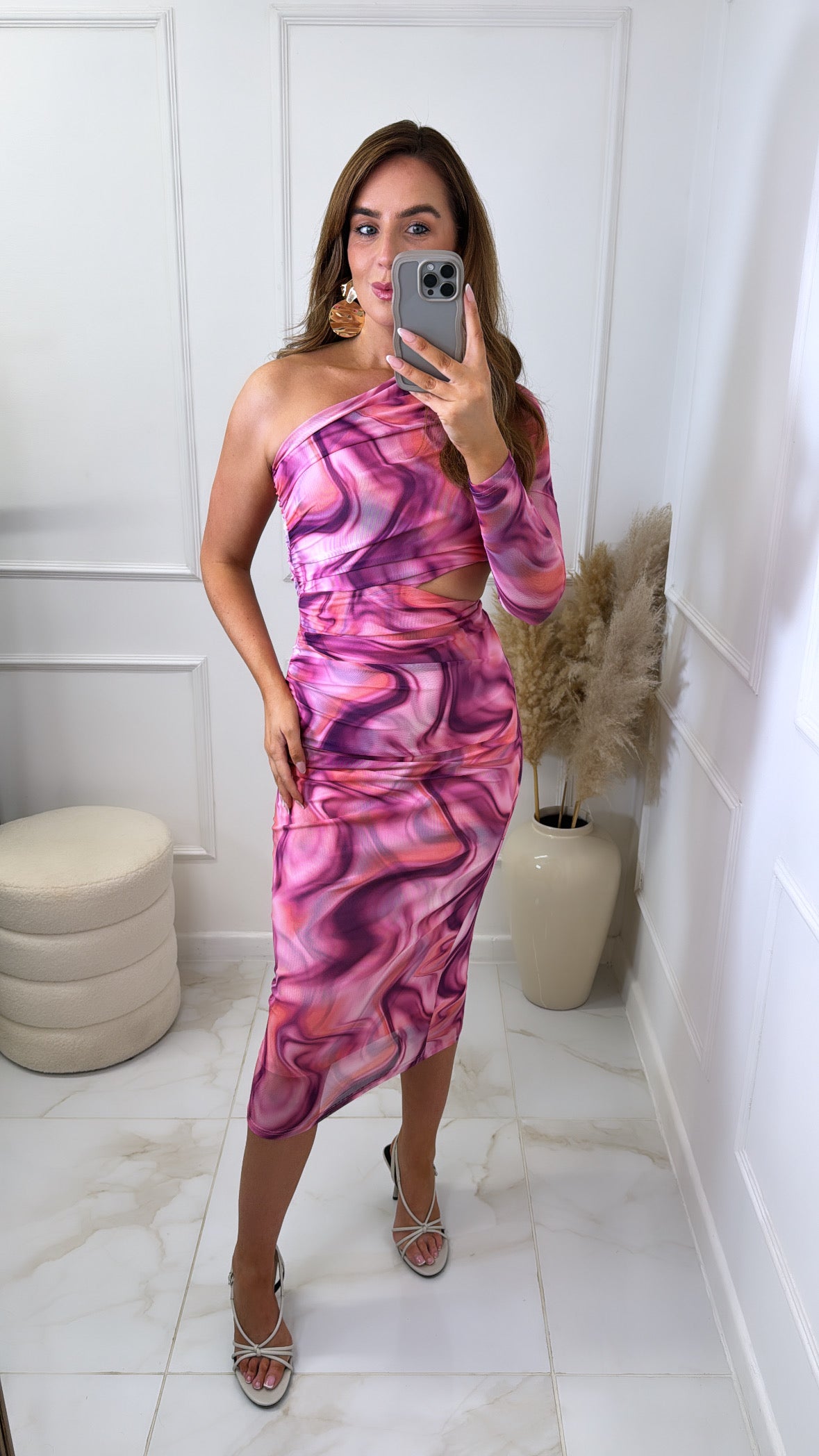 MARCELLA pink swirl one shoulder midi dress