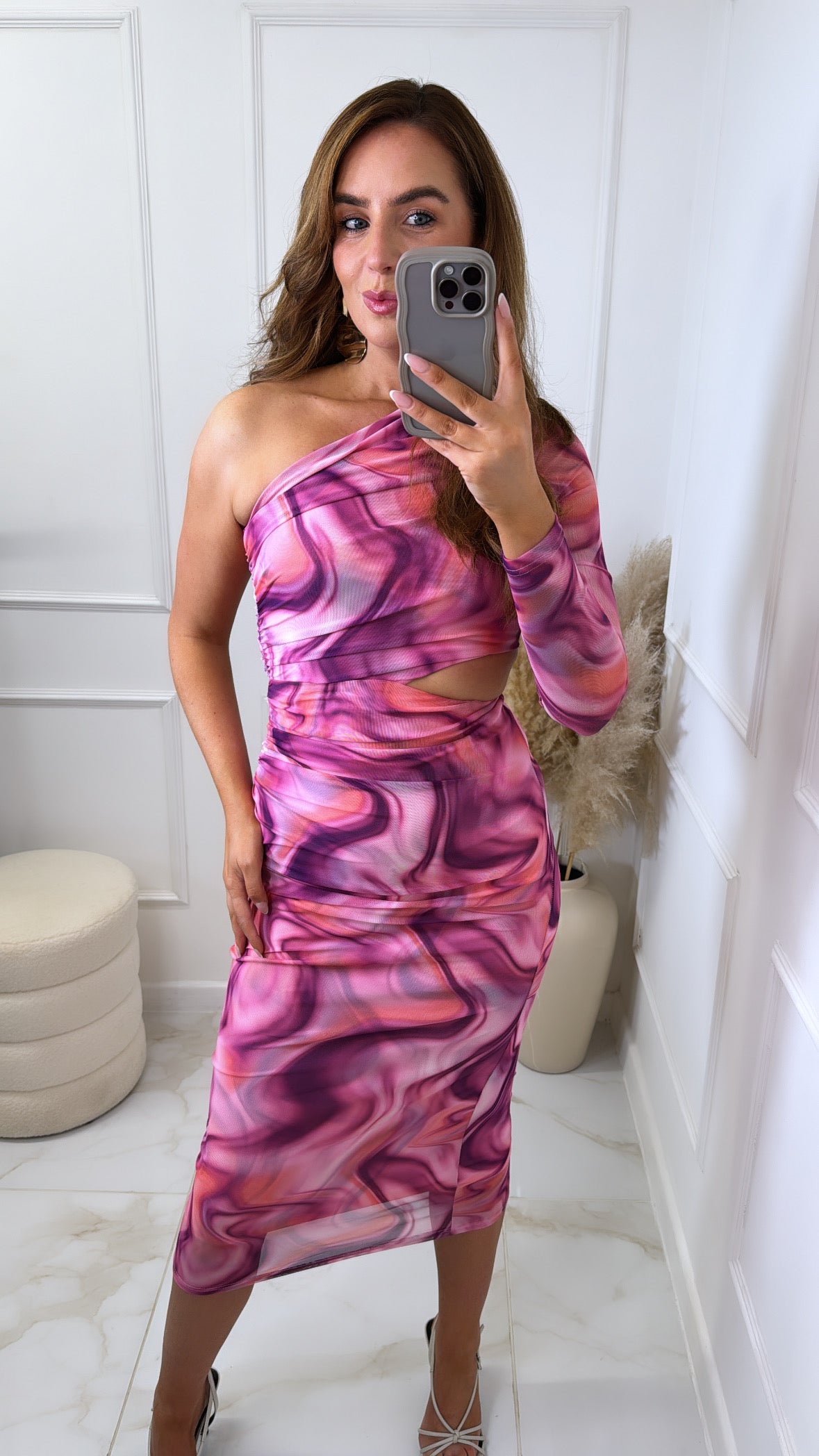 MARCELLA pink swirl one shoulder midi dress