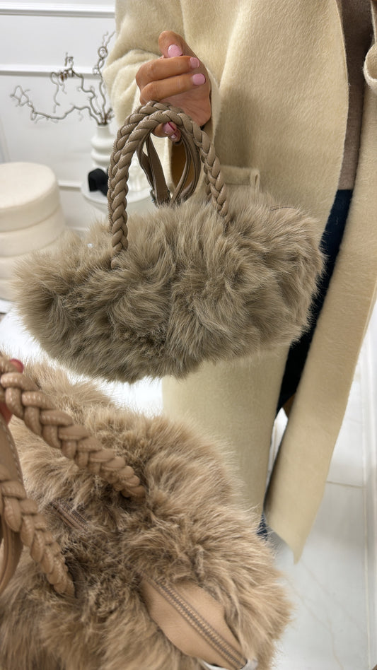 GEMMA beige faux fur plait detailed bag