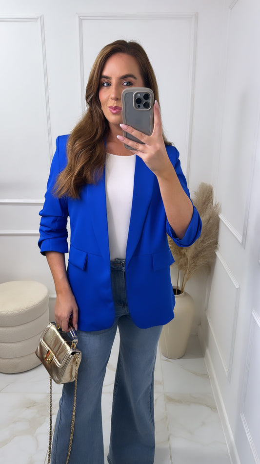 LACEY bright blue ruched sleeve blazer