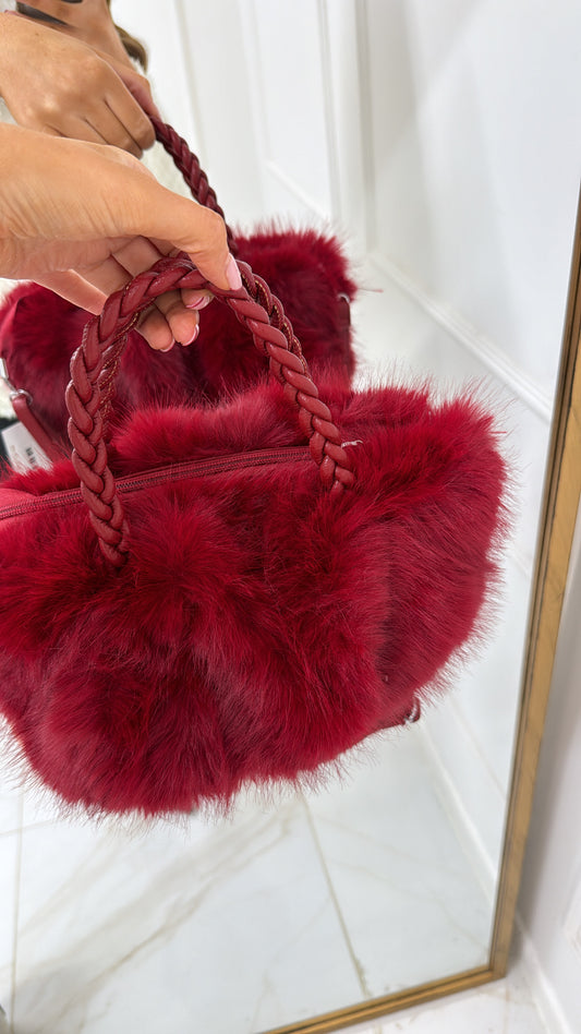 GEMMA burgandy faux fur plait detailed bag