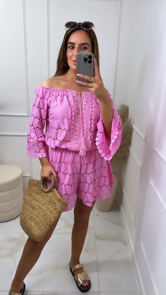 NANCY pink crochet bardot flared playsuit