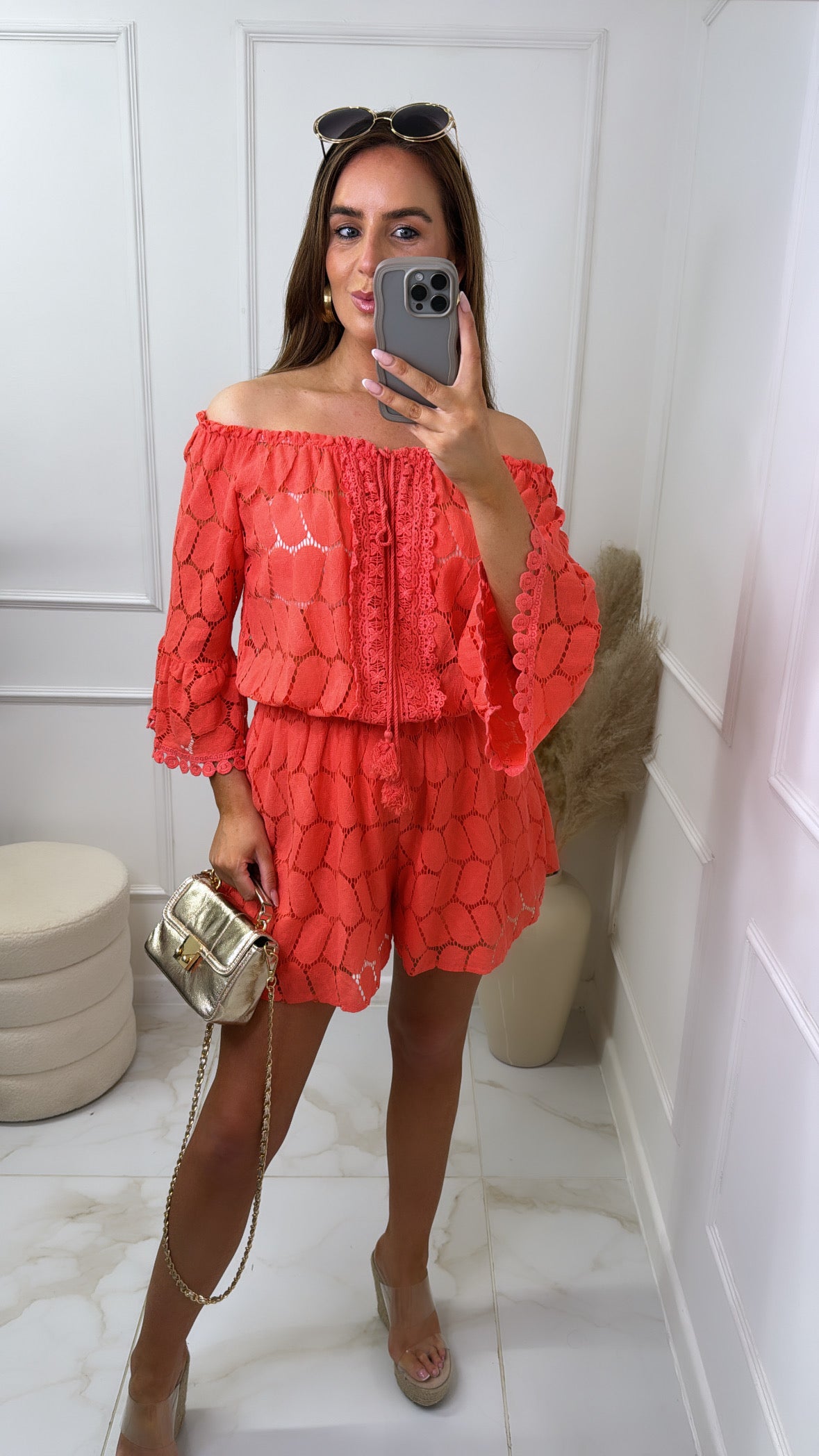 NANCY coral crochet bardot flared playsuit