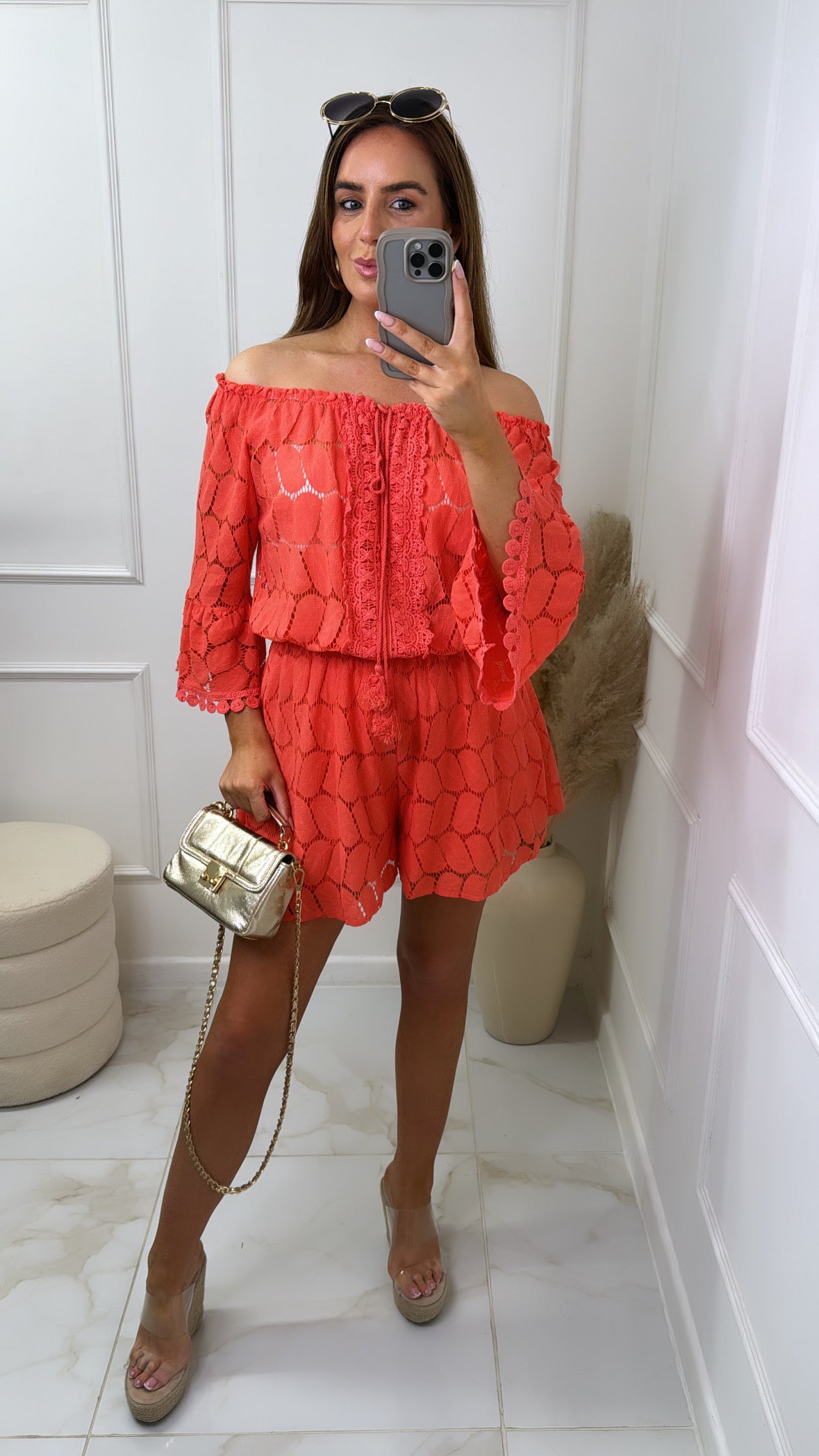 NANCY coral crochet bardot flared playsuit