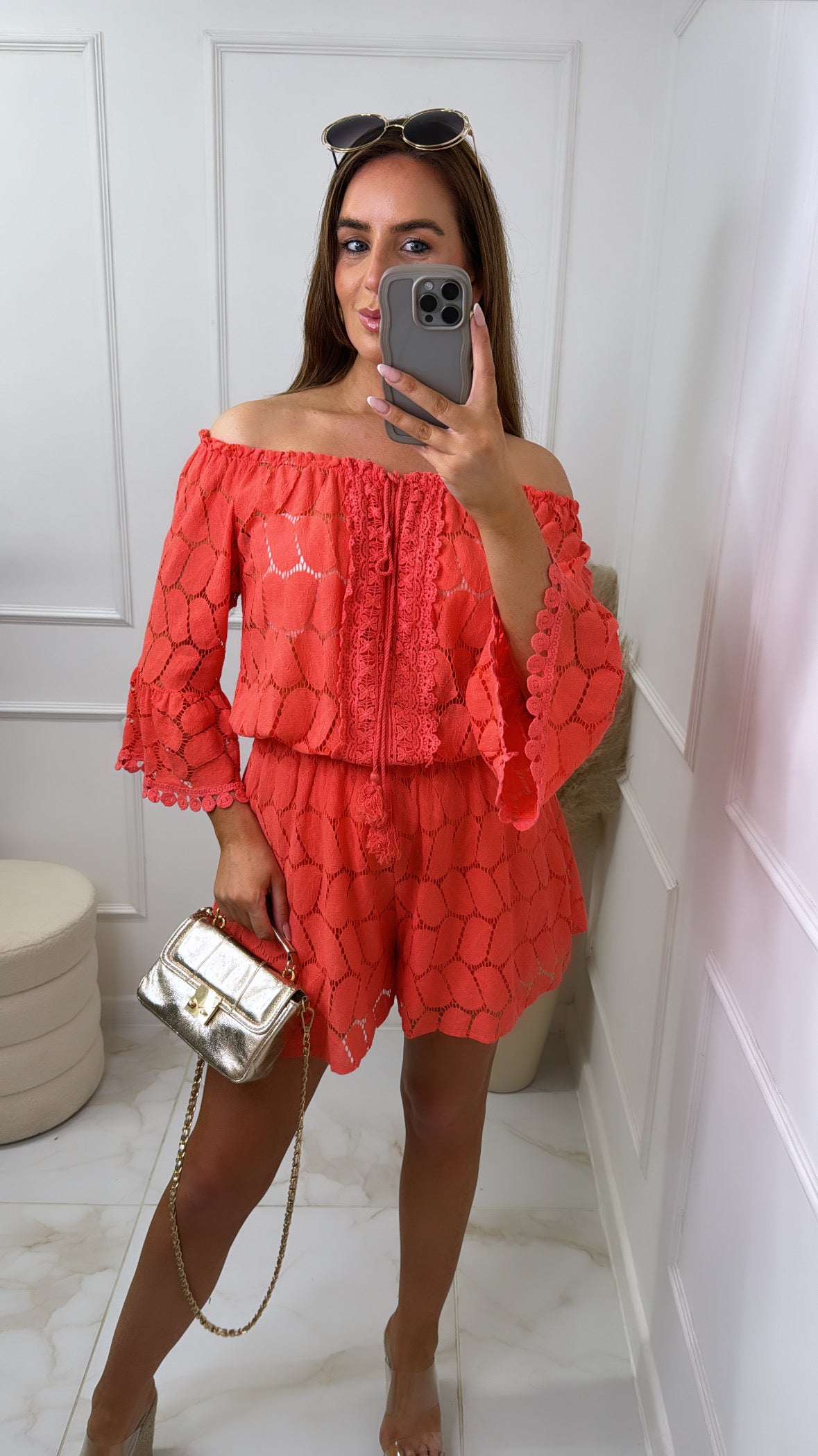 NANCY coral crochet bardot flared playsuit