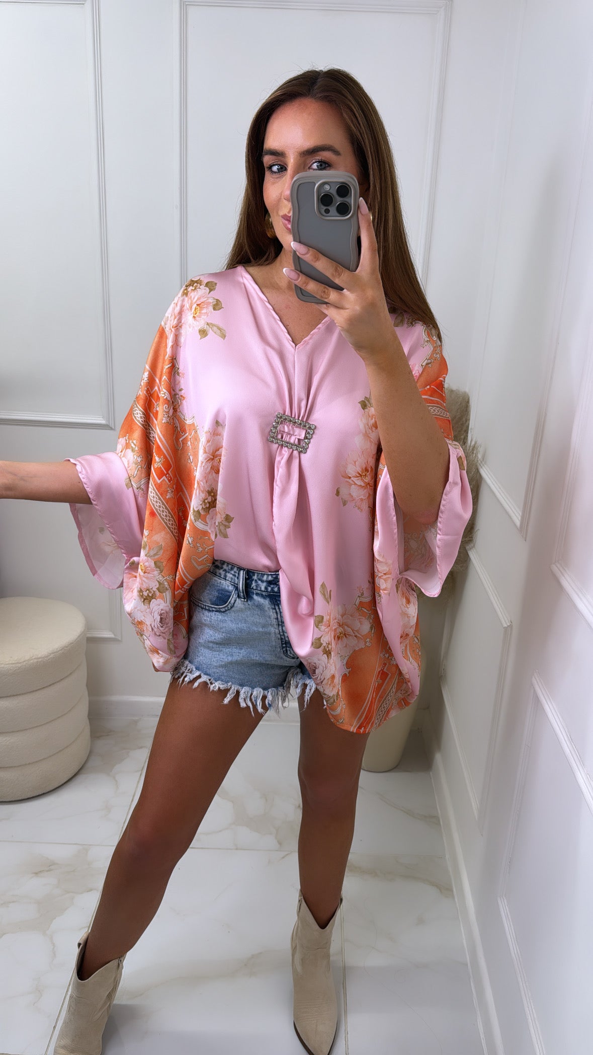 MAE pink & orange printed diamond buckle top