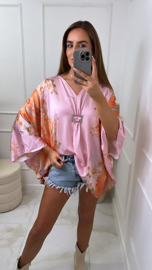 MAE pink & orange printed diamond buckle top