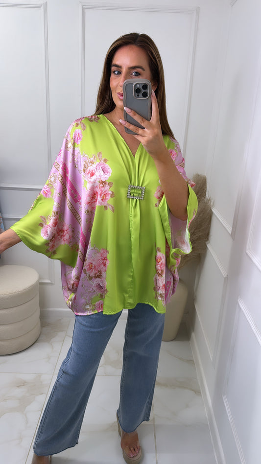 MAE lime & pink printed diamond buckle top