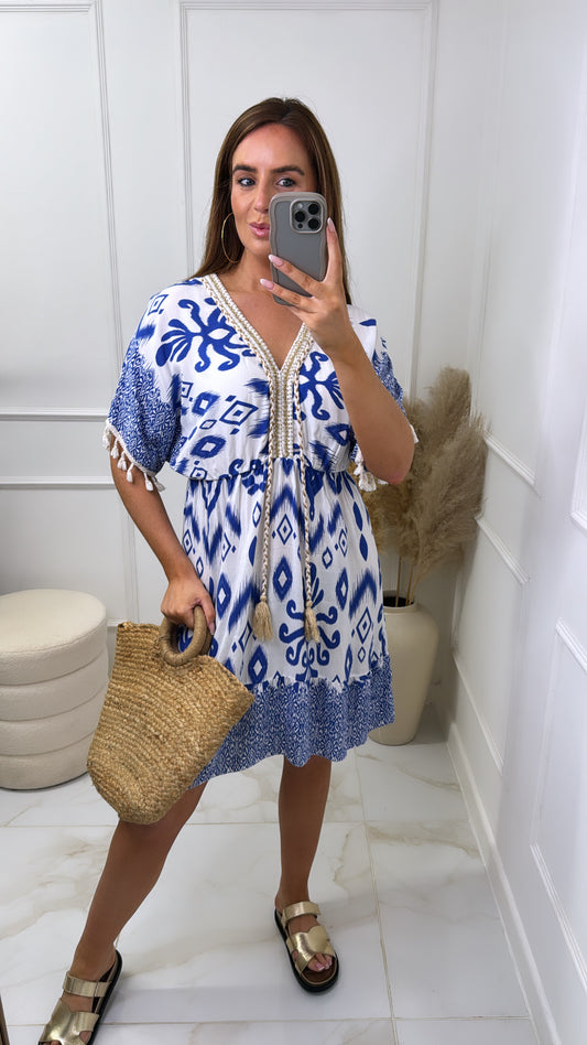 ESTELLE blue printed tassel dress